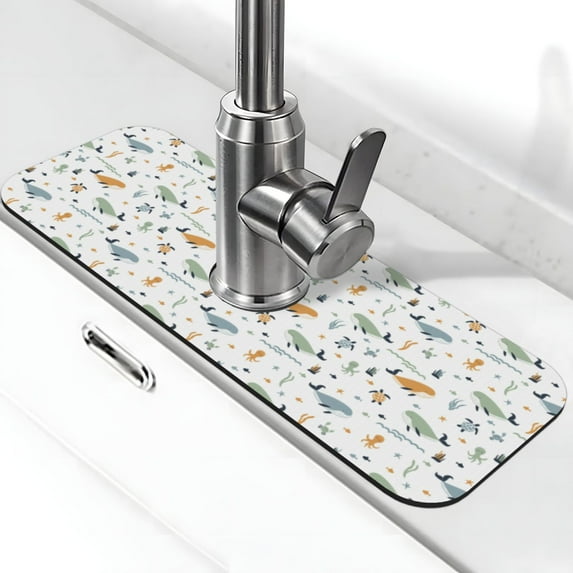 Xecao Sea Creatures for Kitchen Sink Splash Guard Faucet Mat , Faucet Guard & Draining mat, (15" X 5.5" )