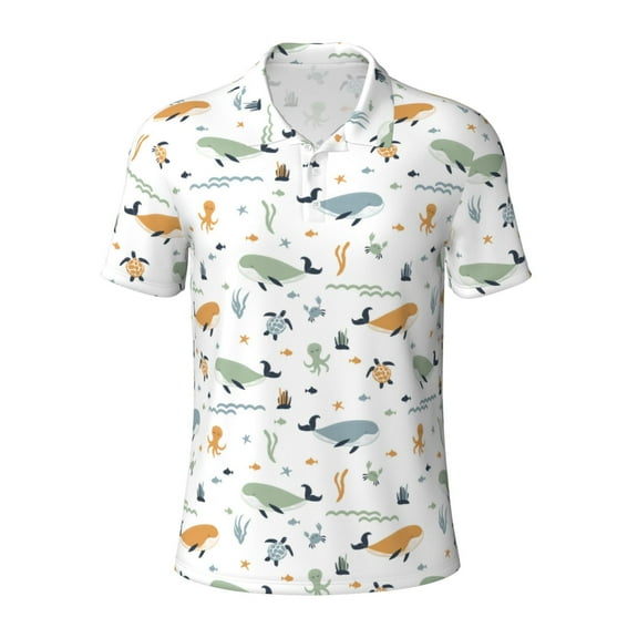 Xecao Sea Creatures for Mens' Casual Short Sleeve Button-Down Polo Shirts for a Classic Golf Look
