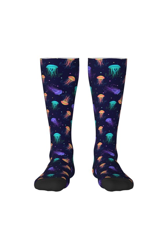 Sea Jellyfish print thigh-high socks, crafted for both men and women with a stretchy, high-opaque design perfect for daily wear