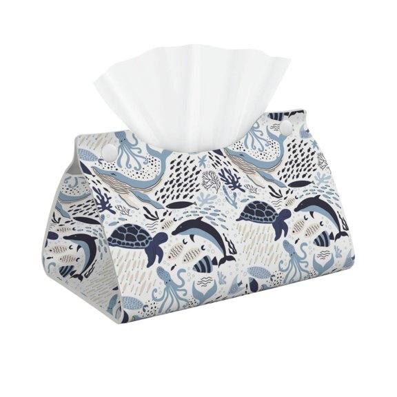 Xecao Sea Life Elements Print Tissue Box Cover,Modern PVC Leather Square Tissue Box Holder for Creative Decorative