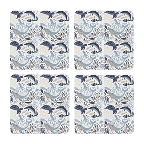 Xecao Sea Life Elements for MDF Cork Coaster 4 Pcs,Drink Coasters,Suit for House Warming Gifts New Home ,Coffee Table Decor-Square