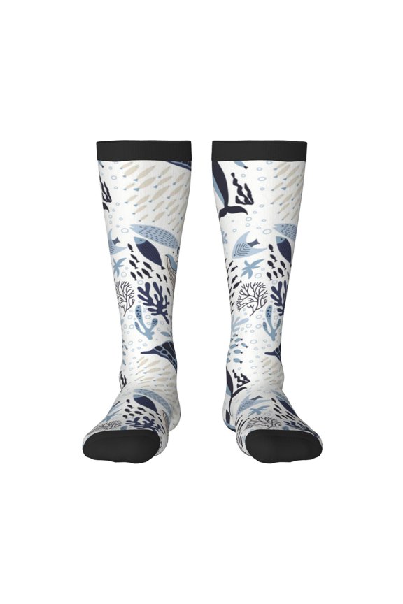 Sea Life Elements print thigh-high socks, crafted for both men and women with a stretchy, high-opaque design perfect for daily wear
