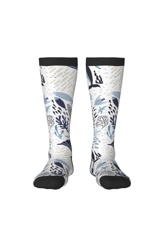Sea Life Elements print thigh-high socks, crafted for both men and women with a stretchy, high-opaque design perfect for daily wear