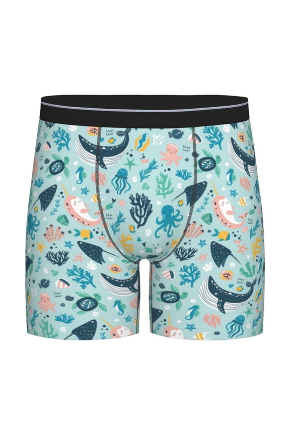 Sea Life Print Boxer Briefs for Men's Stretch Moisture-Wicking Underwear, Mid-Rise Classics breathable fabric
