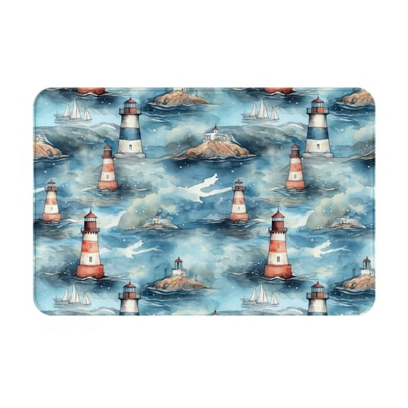 Xecao Sea Marine And Lighthouse print Flannel Mat: Non-slip, 16x24in. Ideal for kitchen, bedroom, bath & living room.