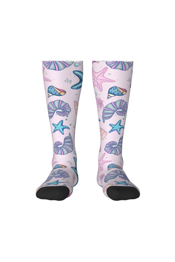 Sea Shells 3 print thigh-high socks, crafted for both men and women with a stretchy, high-opaque design perfect for daily wear