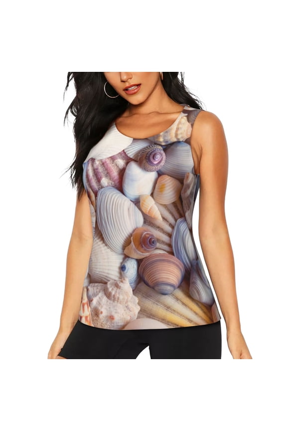 Sea Shells Print Women's Scoop Neck, Loose-Fit Workout Tank Tops for The Gym,Sleeveless T-shirt-Small