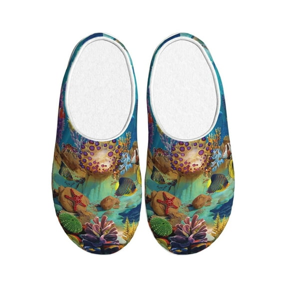 Xecao Sea World Print Cotton Slippers Fuzzy Warm Cozy Slippers Non Slip House Slippers For Indoor Outdoor Cotton Slippers House Slippers-39/40