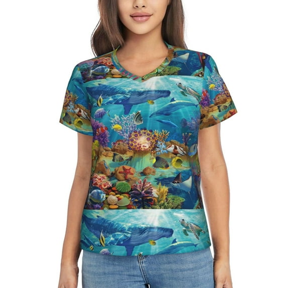 Xecao Sea World for Women's V-Neck T-Shirts-Elegant Half-Sleeve Tops Perfect for Summer-3X-Large