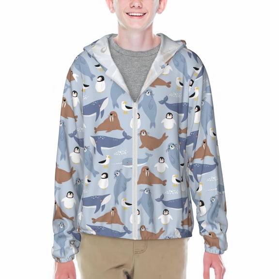 Xecao Seal Fox Seagull Whales Print Fishing Shirts for teenager Long Sleeve UV Sun Protection Hoodie with Zipper Outdoor Hiking Shirts-XX-Large