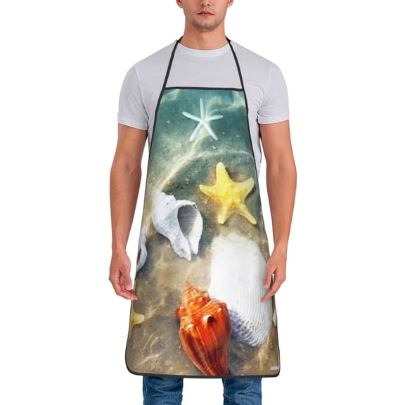 Xecao Seashell On The Beach Print Funny BBQ Chef Aprons for Men Women,Adjustable Kitchen Cooking Aprons with Pocket Waterproof Oil Proof No Pilling Fading