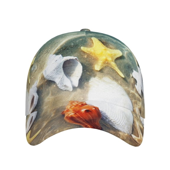 Xecao Seashell On The Beach for Baseball Cap: Unisex, crafted from classic polyester twill fabric, featuring a soft unconstructed design