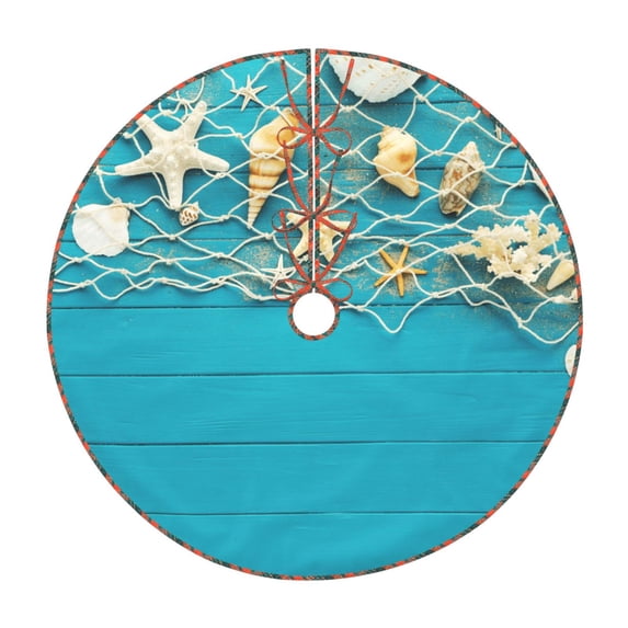 Xecao Seashells And Fishing Net On Blue Wooden Table Pattern Christmas Tree Skirt Round Xmas Tree Mat Base Cover for Holiday Home Decorations-30"