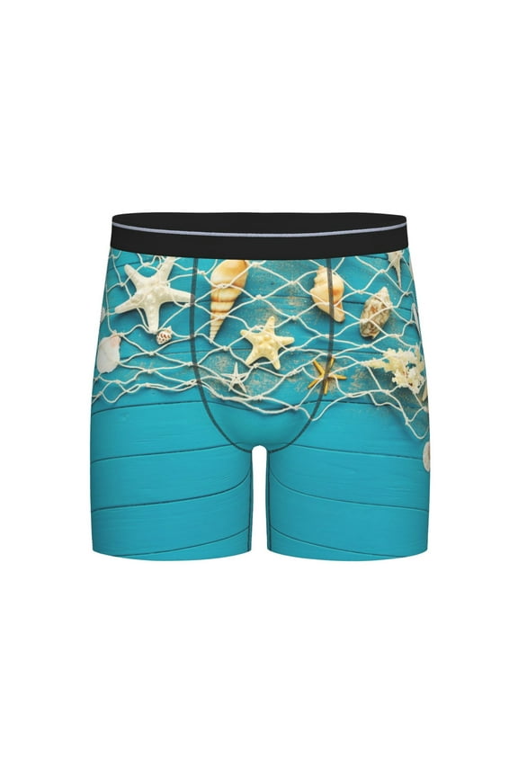 Seashells And Fishing Net On Blue Wooden Table Print Boxer Briefs for Men's Stretch Moisture-Wicking Underwear, Mid-Rise Classics breathable fabric