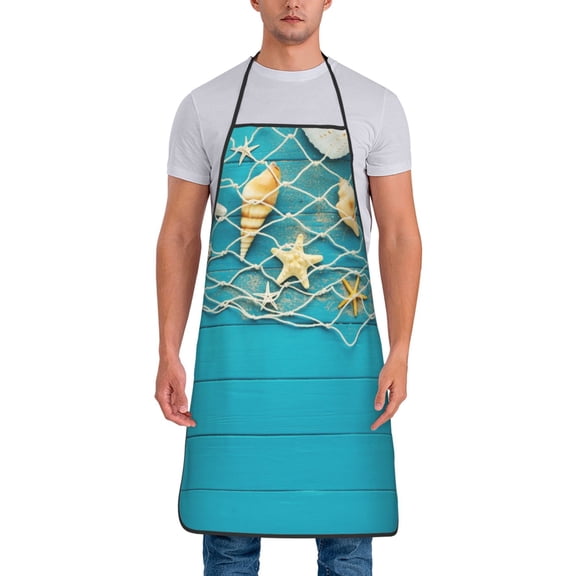 Xecao Seashells And Fishing Net On Blue Wooden Table Print Funny BBQ Chef Aprons for Men Women,Adjustable Kitchen Cooking Aprons with Pocket Waterproof Oil Proof No Pilling Fading