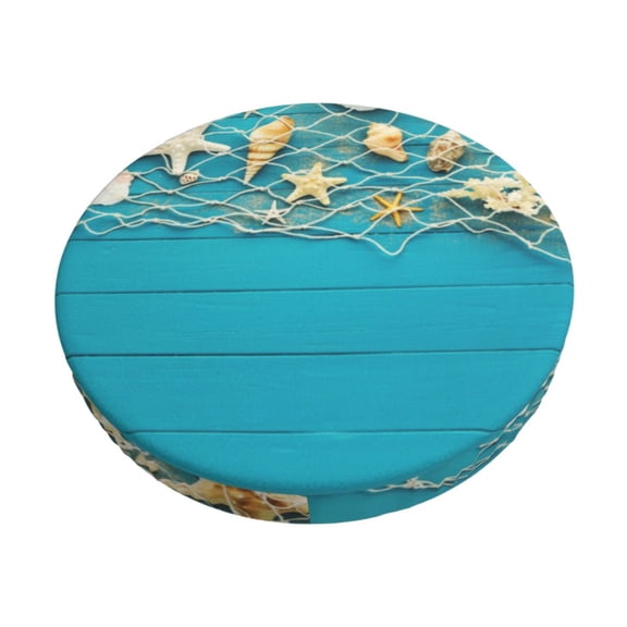 Xecao Seashells And Fishing Net On Blue Wooden Table Print Stool Covers Offer Stylish, Washable Protection for PU Round Bar Stools, Perfect for Home or Commercial Use.-13 inch