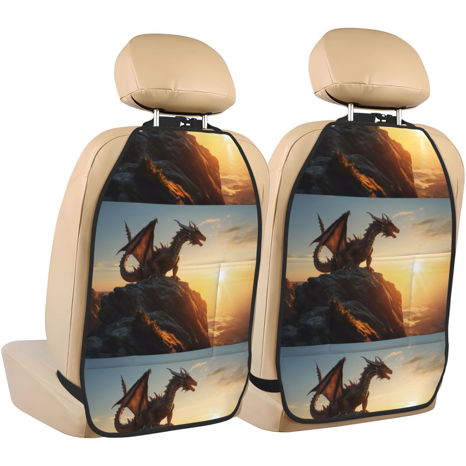 Xecao Seaside Sunset Cool Dragon Pattern Car Seat Back Protector 2 Pack Large Capacity Pocket, Kick Mats Back Seat Protector