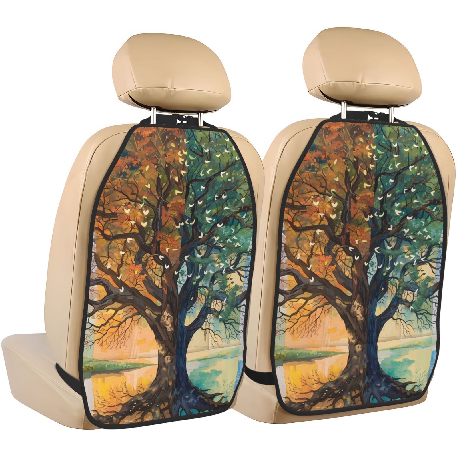 Xecao Seasonal Tree Reflection Pattern Car Seat Back Protector 2 Pack Large Capacity Pocket, Kick Mats Back Seat Protector