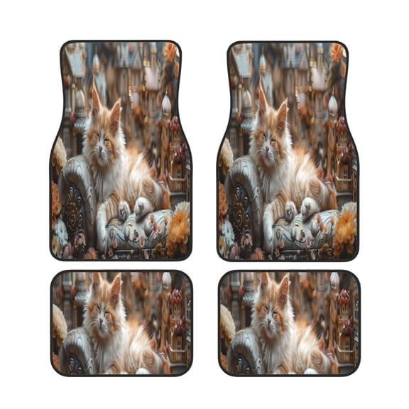 Xecao Serene Kitten Kingdom Print Car Foot Mat Set of 4 Pieces Neoprene All-Weather Dust-Proof Stain-resistantCar Interior Decorative mats Non-Slip Mats