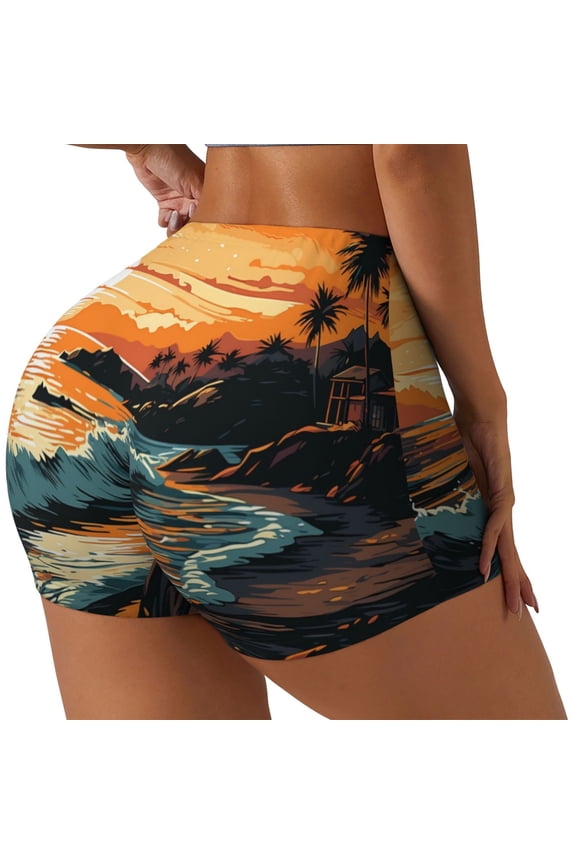Serene Ocean Sunset Print Workout Shorts for Women Soft Smooth Gym Yoga Scrunch Active Tennis Workout Running Shorts-Medium