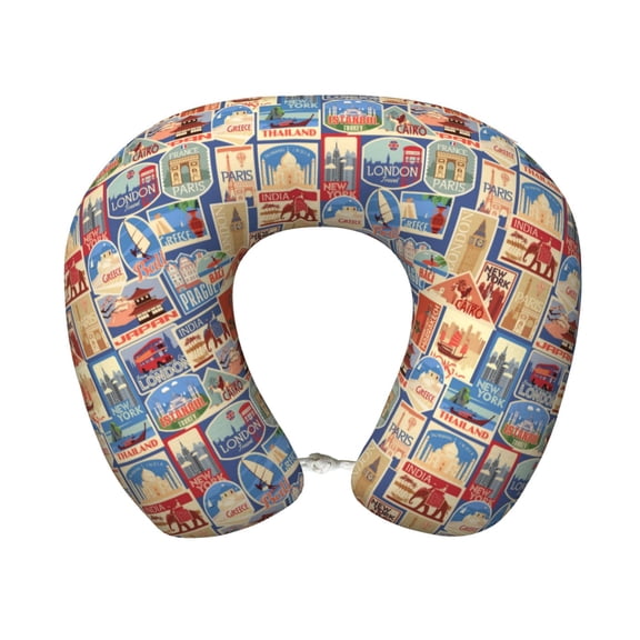 Xecao Set Of Travel Vintage Print Memory Foam Cervical Neck Pillow Versatile U-Shaped Pillows for Home,Office,Camping,Travelling,Soft Washable Cover