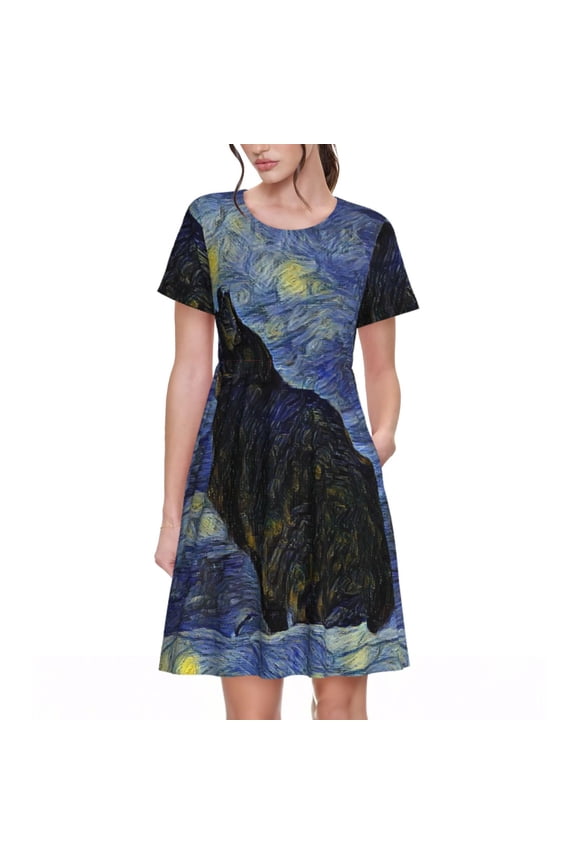 Shambhala Cat In Van Gogh Impressionist for Women Summer Short Sleeve Midi Dress with Pockets Casual Aline Flowy Tshirt Dress Vocation Beach Sundress