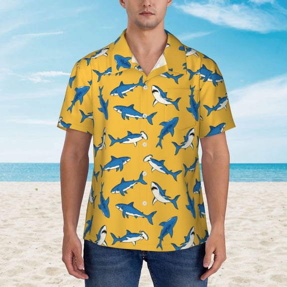 Xecao Shark Print print Hawaiian shirt - a stylish short-sleeve button-down for men, perfect for casual beach and tropical outings.