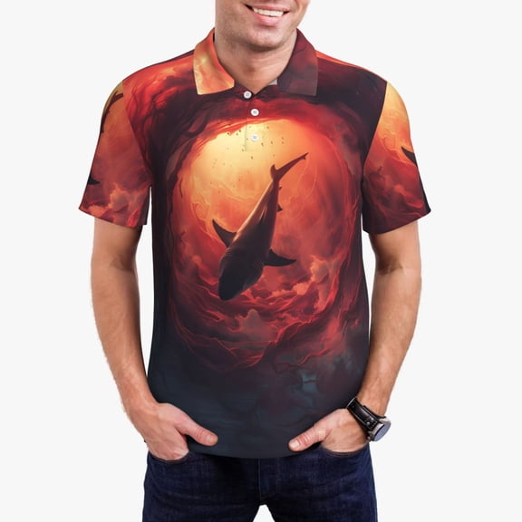 Xecao Shark Underwater Vortex Mens' Casual Short Sleeve Button-Down Polo Shirts for a Classic Golf Shirts-Large