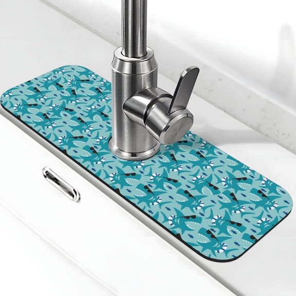 Xecao Shark Wearing Sunglasses for Kitchen Sink Splash Guard Faucet Mat , Faucet Guard & Draining mat, (15" X 5.5" )