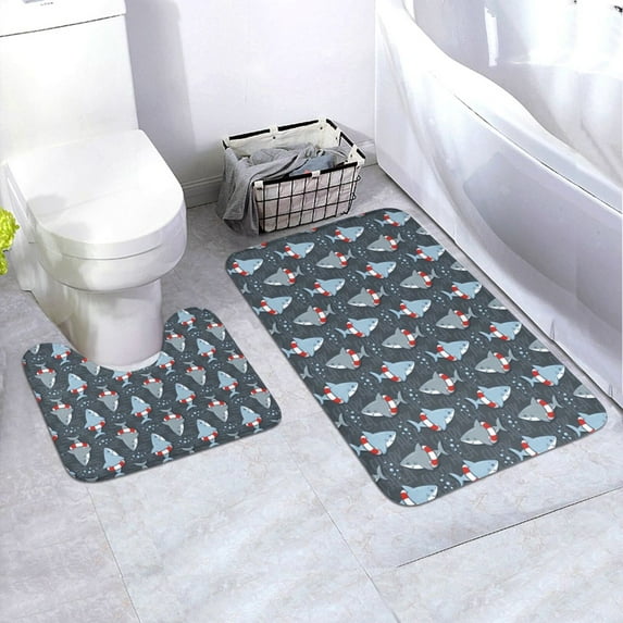 Xecao Shark Wearing Swim Ring 2-Piece Vintage Seamless Anti-Skid Mat Set, featuring a stylish pattern for a safe and elegant toilet rug experience