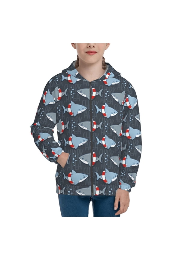 Shark Wearing Swim Ring Pattern Zip Up Hoodies for Boys Girls, Sweatshirt with Pockets-Small