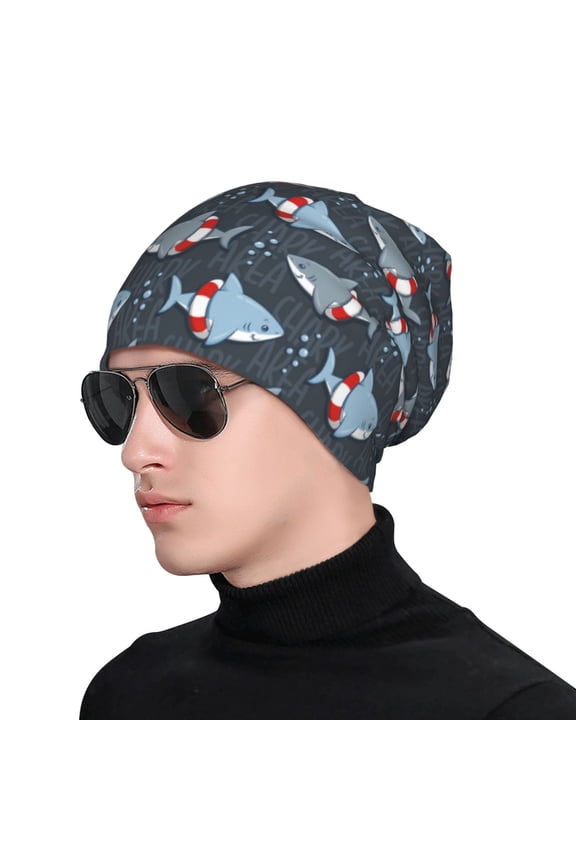 Shark Wearing Swim Ring Print Beanie Knitted Hat for Men Women, Winter Fashion Knit Cuffed Caps Unisex