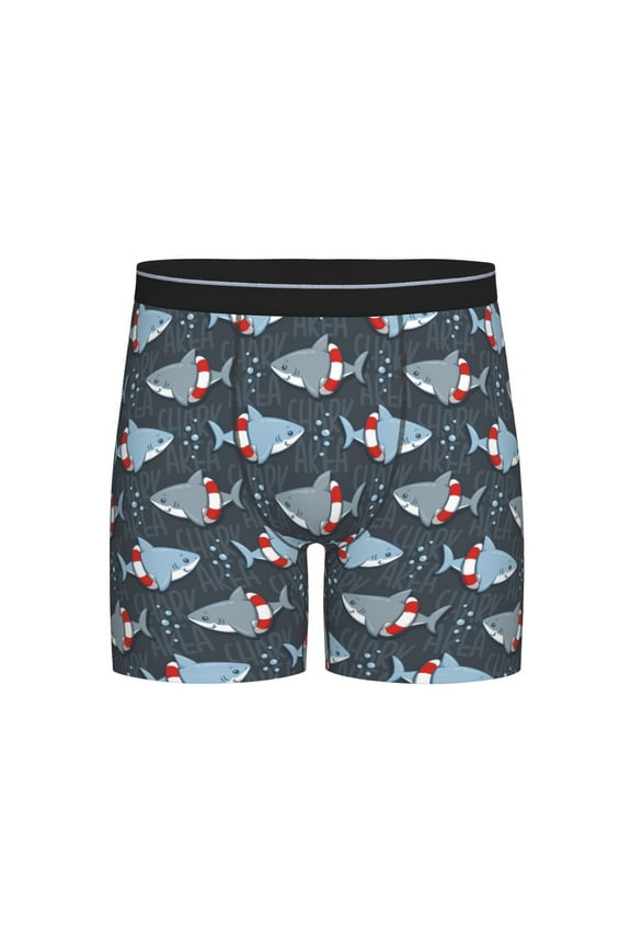Shark Wearing Swim Ring Print Boxer Briefs for Men's Stretch Moisture-Wicking Underwear, Mid-Rise Classics breathable fabric