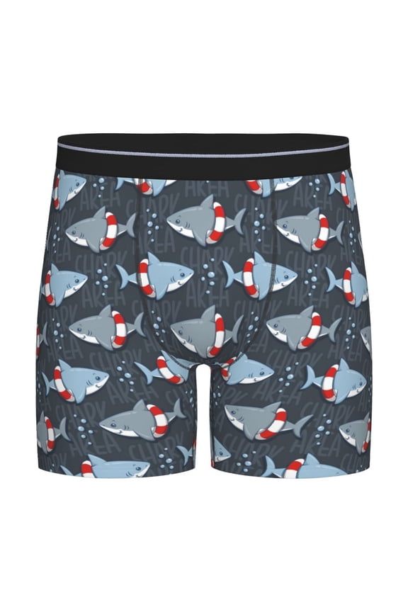 Shark Wearing Swim Ring Print Boxer Briefs for Men's Stretch Moisture-Wicking Underwear, Mid-Rise Classics breathable fabric