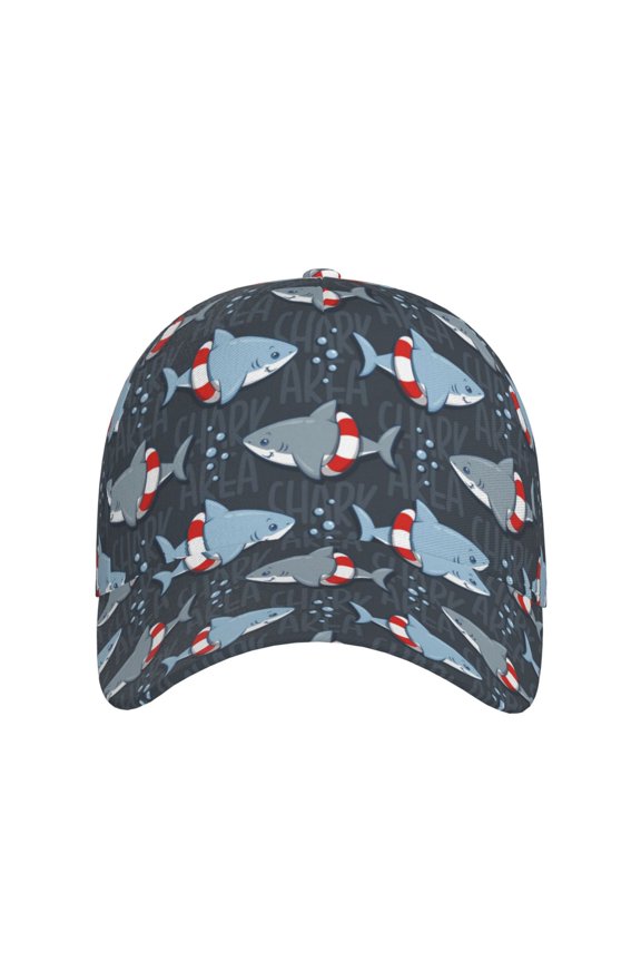 Shark Wearing Swim Ring for Baseball Cap: Unisex, crafted from classic polyester twill fabric, featuring a soft unconstructed design