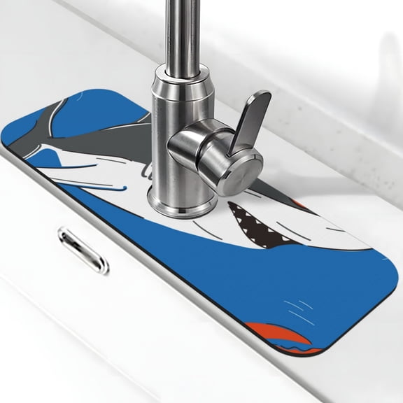 Xecao Shark With Sunglasses and Lobste for Kitchen Sink Splash Guard Faucet Mat , Faucet Guard & Draining mat, (15" X 5.5" )