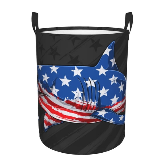 Xecao Shark With USA Flag Print Laundry Basket,Laundry Hamper Designed for Storage Dirty Clothes Hamper,Collapsible Laundry Baskets-Small