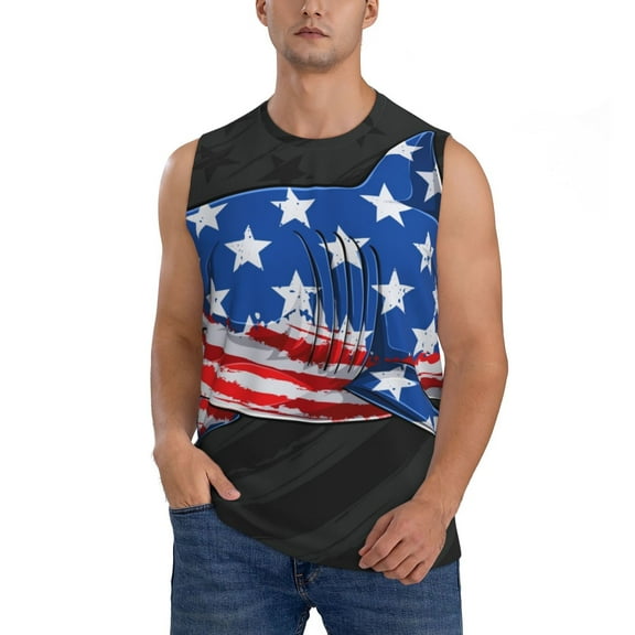 Xecao Shark With USA Flag Print Men's Tank Top: Sleek Sleeveless Tee for Casual Sports and Beach Occasions-Large