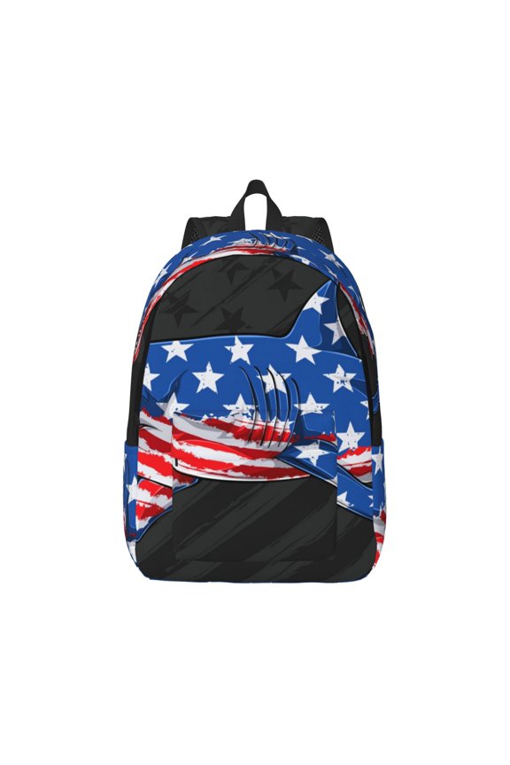 Shark With USA Flag for Canvas College Laptop Backpack, Durable Rucksack Travel Notebook Bag School Backpack Book Bag for Men Women