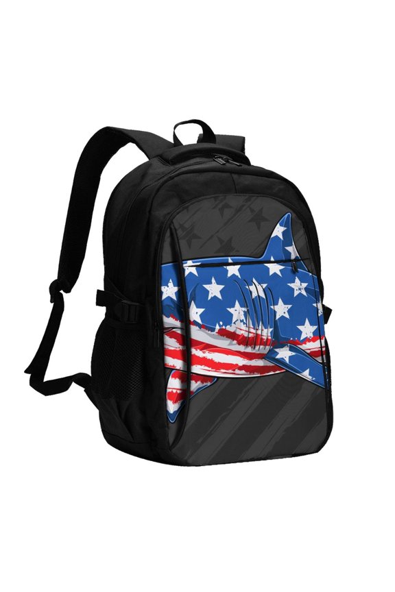 Shark With USA Flag for Travel Laptop Backpack, USB-Charging-Enabled, Spacious Business Backpack for Men and Women,College School Computer Bag