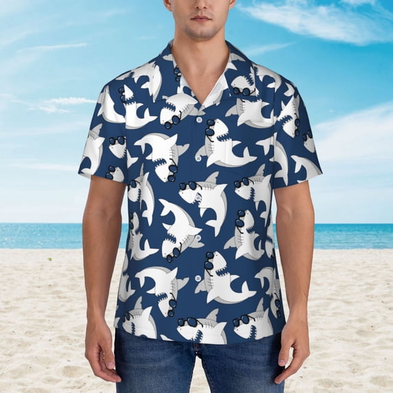 Xecao Shark print Hawaiian shirt - a stylish short-sleeve button-down for men, perfect for casual beach and tropical outings.