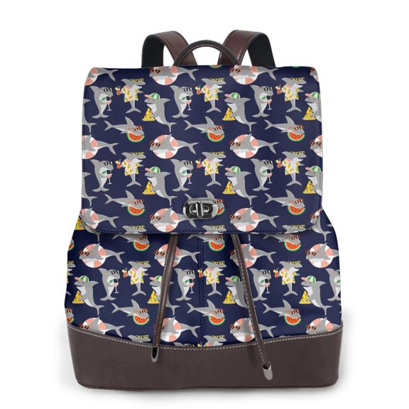 Xecao Sharks In Sunglasses Print Large Backpack Soft Leather for Women Travel with Compartment, Adjustable Convertible Strap