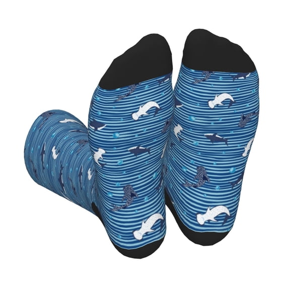 Xecao Sharks on White Blue Striped Print Crew Socks for Men and Women, Men's Soft Moisture-wicking Sock
