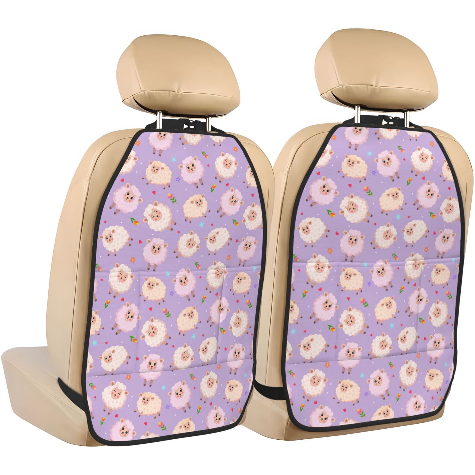 Xecao Sheeps Pattern Car Seat Back Protector 2 Pack Large Capacity Pocket, Kick Mats Back Seat Protector