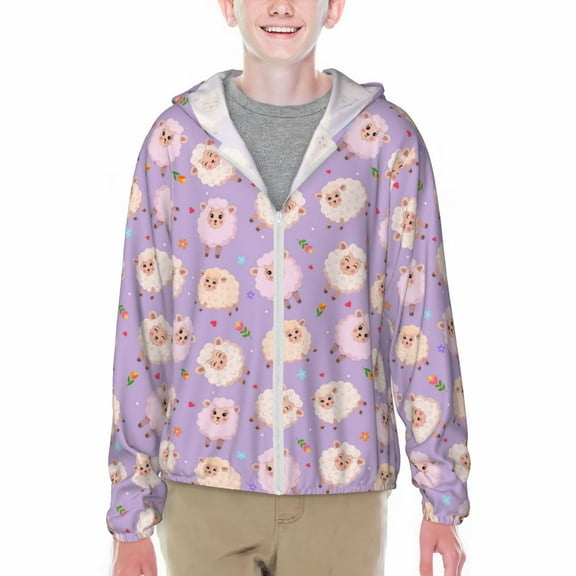 Xecao Sheeps Print Fishing Shirts for teenager Long Sleeve UV Sun Protection Hoodie with Zipper Outdoor Hiking Shirts-Medium