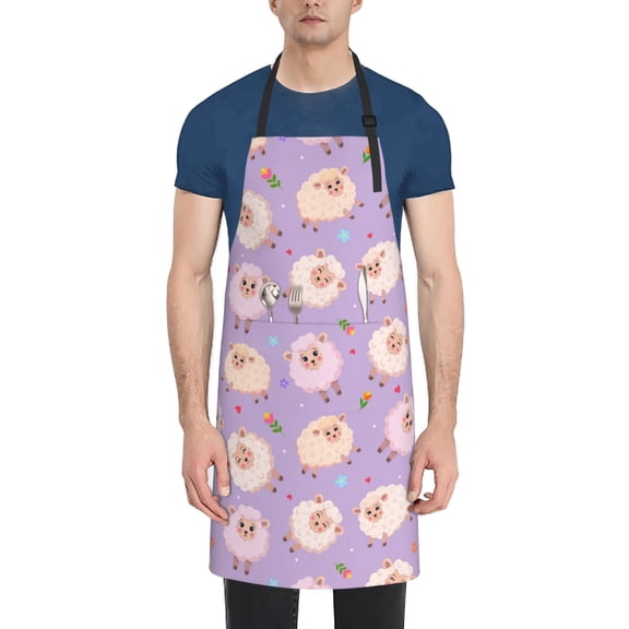 Xecao Sheeps Print Kitchen Cooking Aprons, Waterproof Adjustable Bib Aprons with 2 Pockets for Women Men Chef