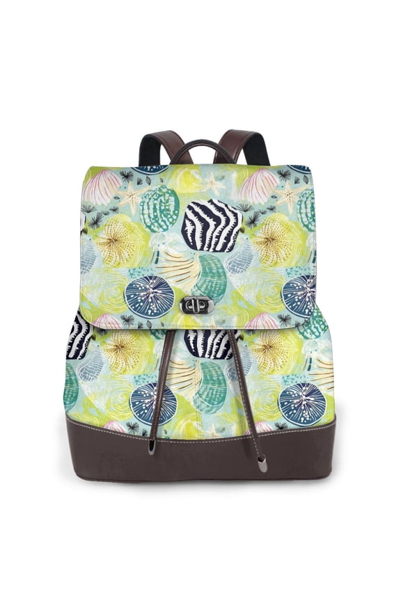 Shell Clam Print Large Backpack Soft Leather for Women Travel with Compartment, Adjustable Convertible Strap