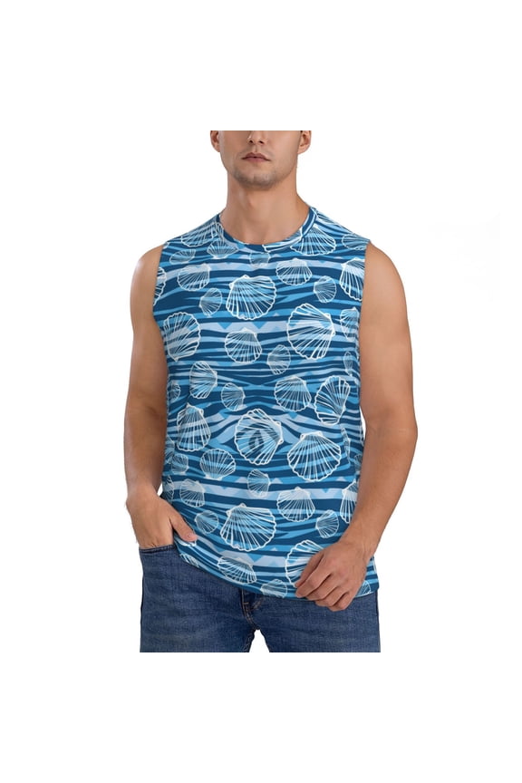 Shell Print Men's Tank Top: Sleek Sleeveless Tee for Casual Sports and Beach Occasions-Large