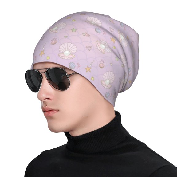 Xecao Shells Pearl Print Beanie Knitted Hat for Men Women, Winter Fashion Knit Cuffed Caps Unisex