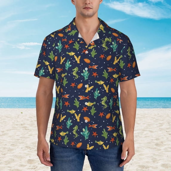 Xecao Shells and Seaweed print Hawaiian shirt - a stylish short-sleeve button-down for men, perfect for casual beach and tropical outings.